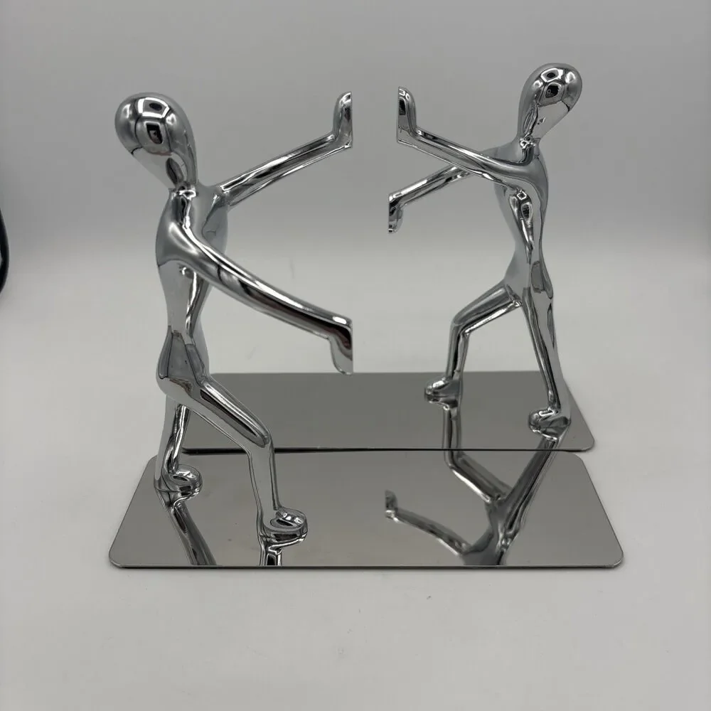 Pair of Pop Art Chrome Modern Man Abstract Figure Bookends Modernist Sculpture